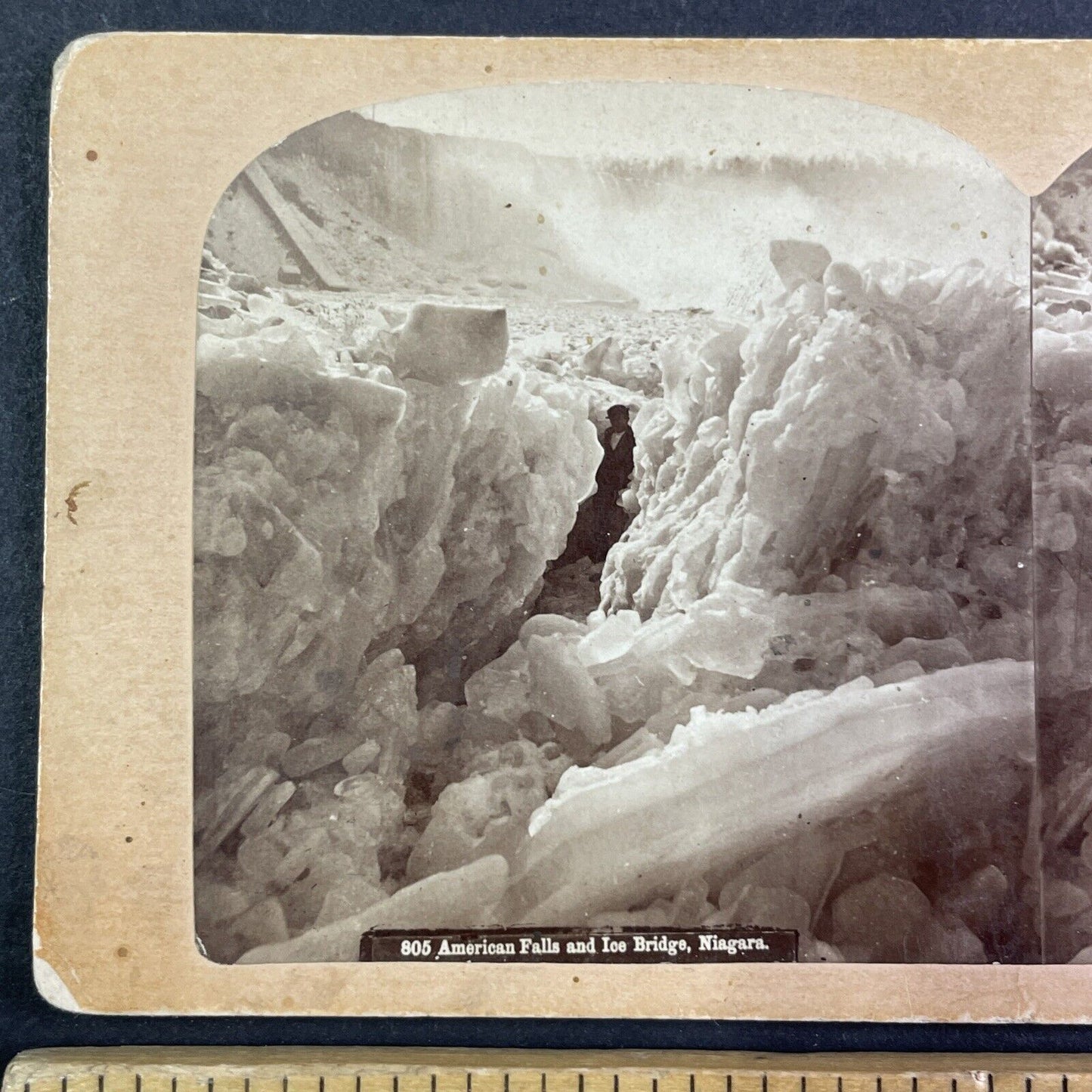 Man Inside Frozen Ice River Crevasse Stereoview Charles Bierstadt c1870s Y2241