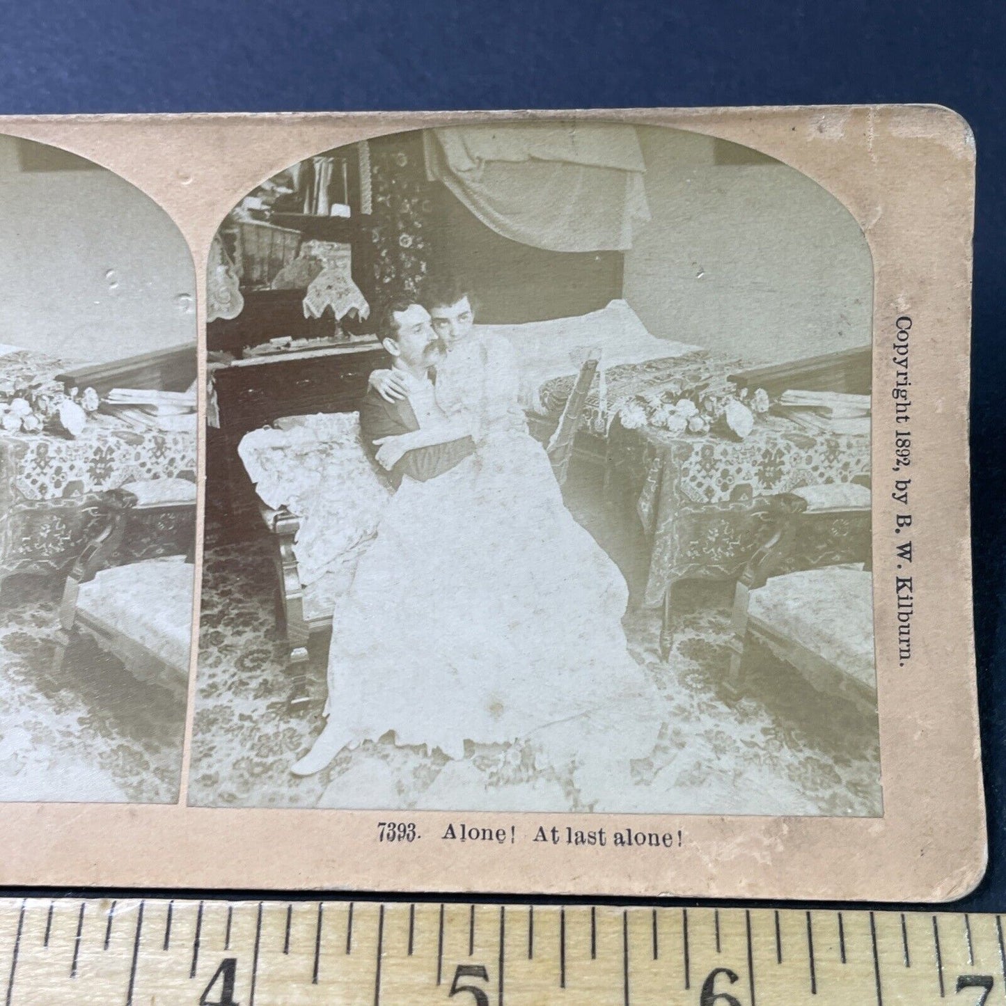 Antique 1892 Victorian Man & Woman Cuddle In Bedroom Stereoview Photo Card P3002