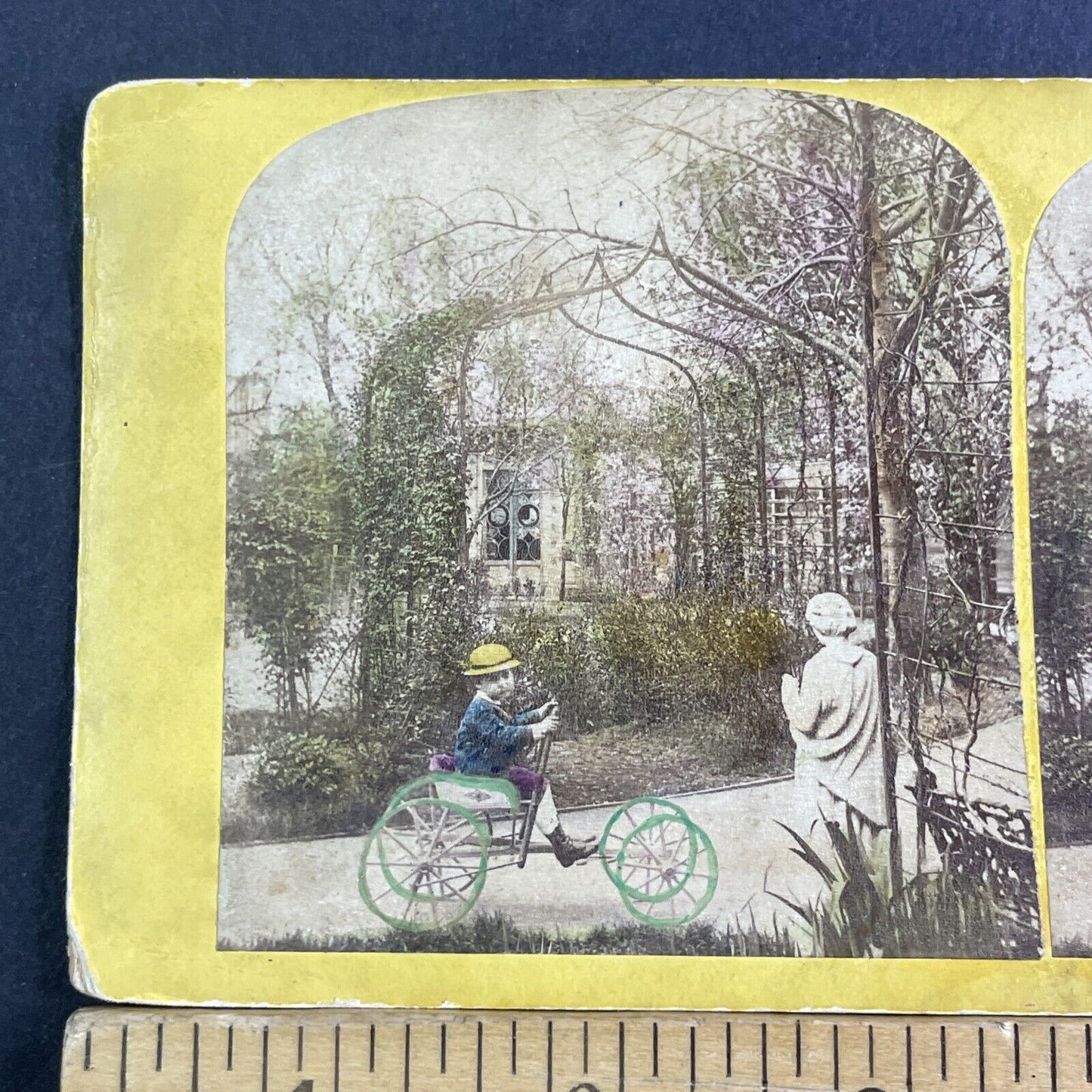 Hand Pump Car Childs 4-Wheel Bicycle Stereoview Antique c1872 X3121