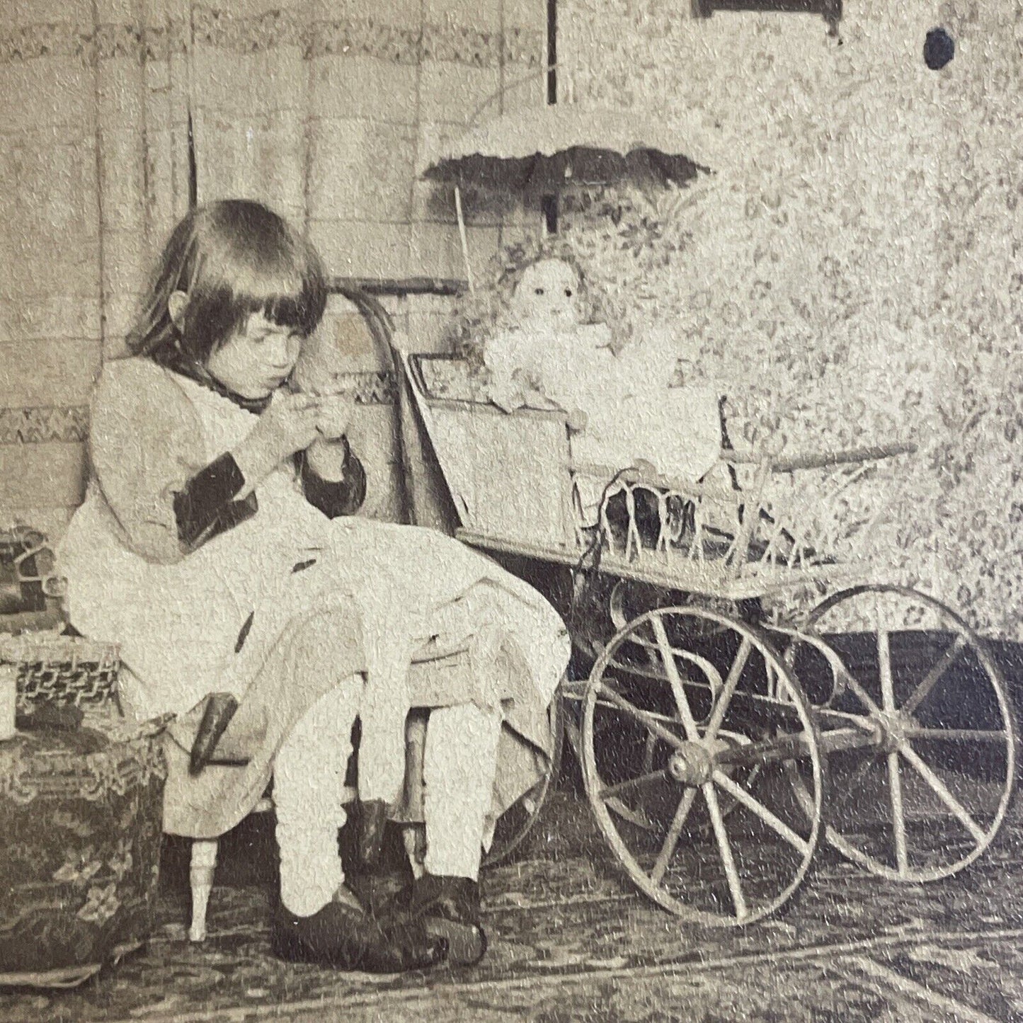 Antique 1893 Child Sews Porcelain Doll Clothes Stereoview Photo Card P4811