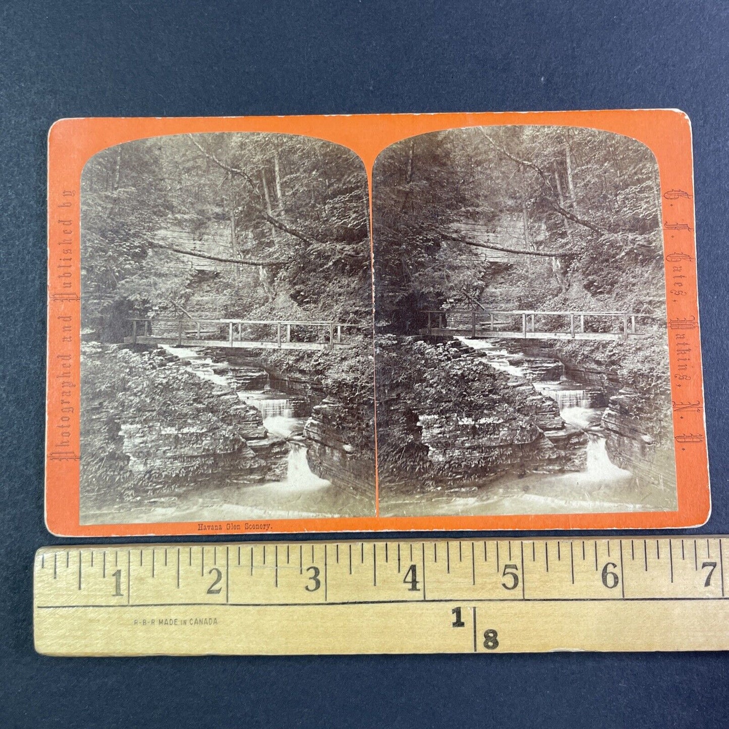 Cascade Bridge Watkins Glen New York Stereoview G.F. Gates Antique c1869 Y2832