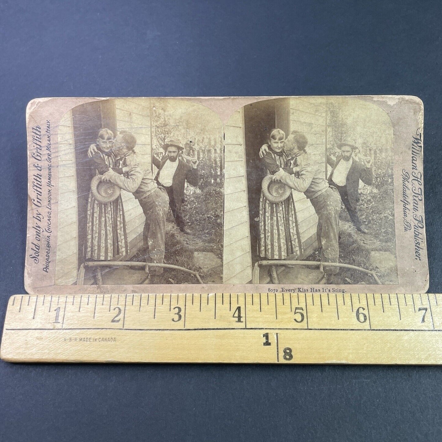 Antique 1892 Man Beats Friend For Kissing Wife Stereoview Photo Card P3353