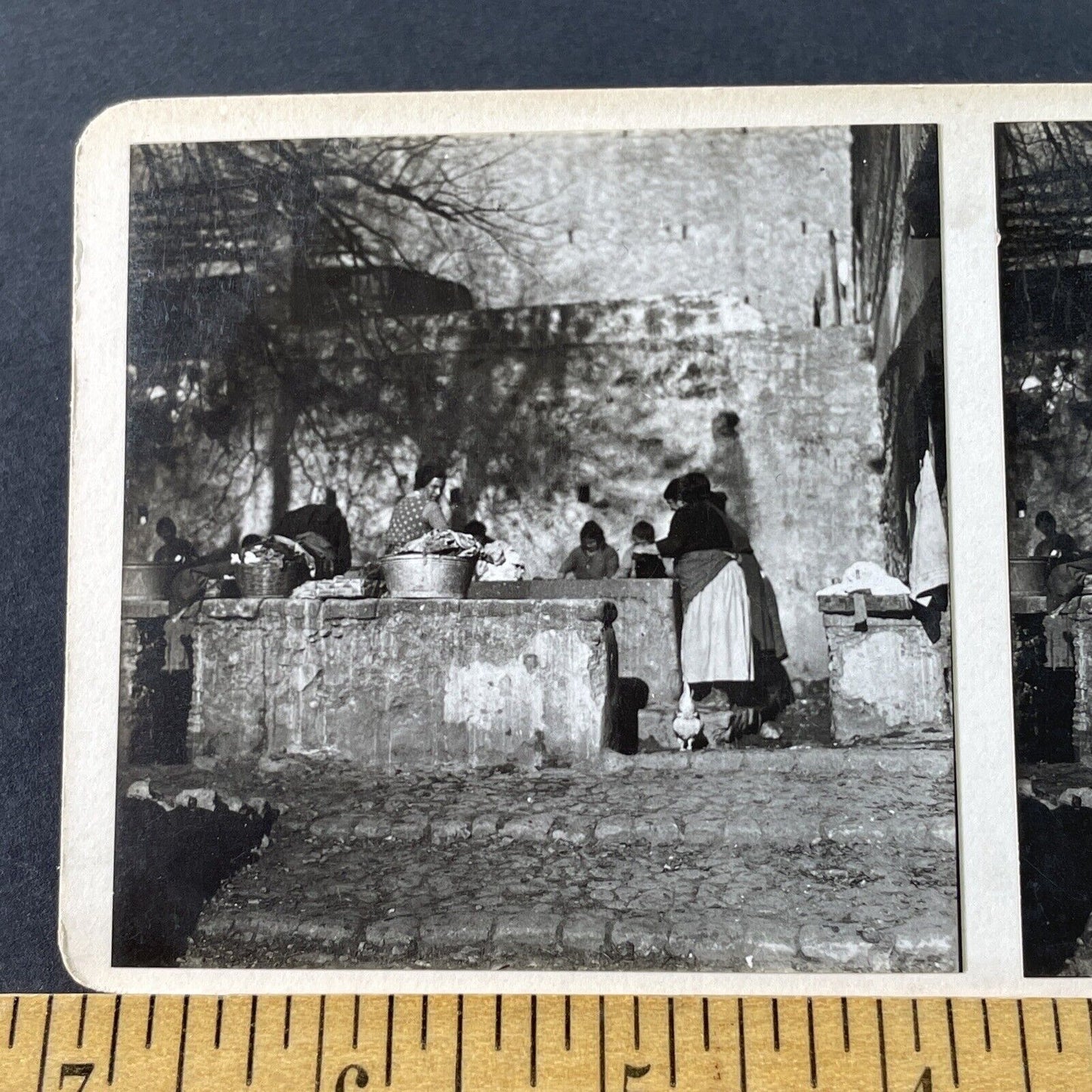 Antique 1925 Women Washing Clothes Turin Italy OOAK Stereoview Photo Card 3226