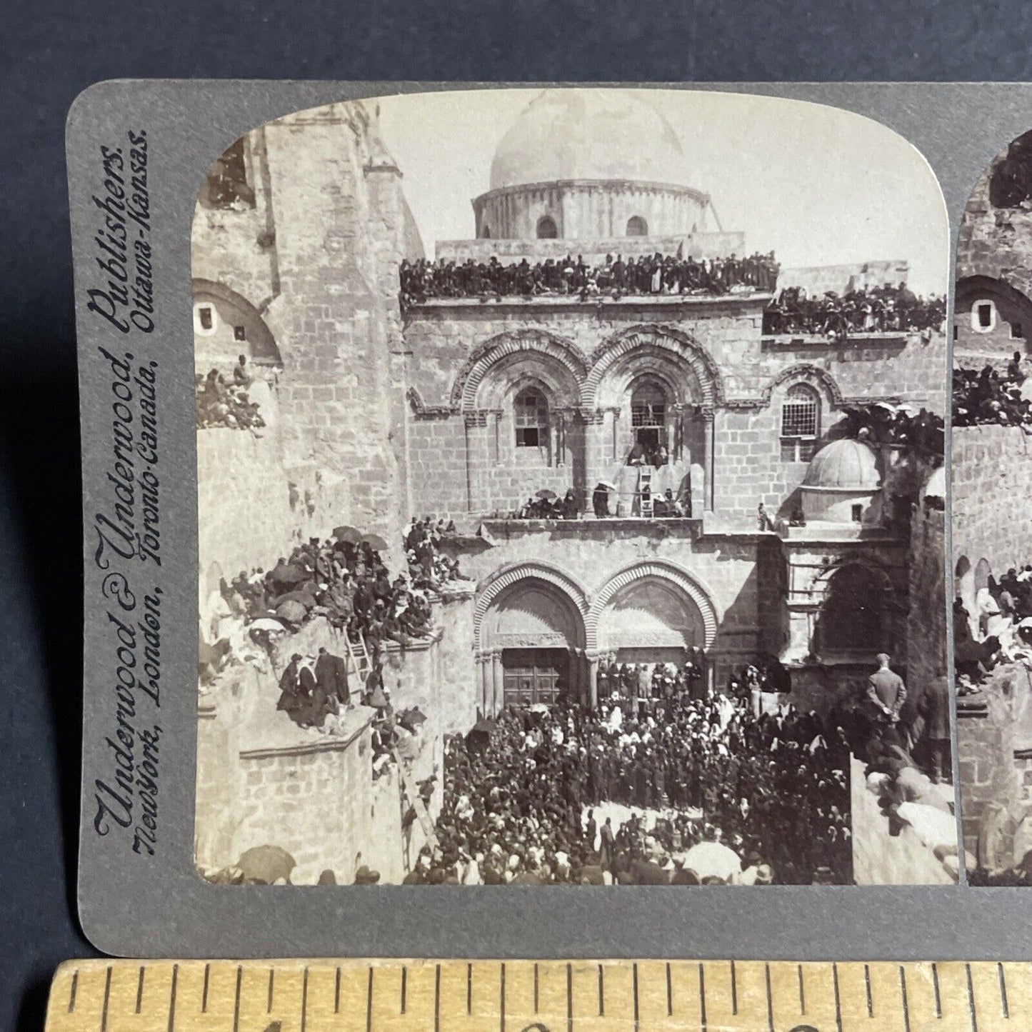 Antique 1897 People Crowding Roof Of Church Jerusalem Stereoview Photo Card 4483