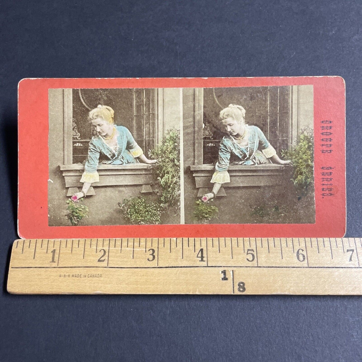 Antique 1860s Blonde Girl Woman Picks A Rose Stereoview Photo Card P4072