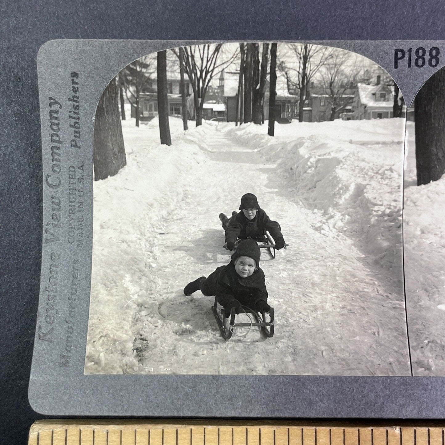 Children Sledding in Winter Stereoview Scarce Late View Antique c1935 Y1354