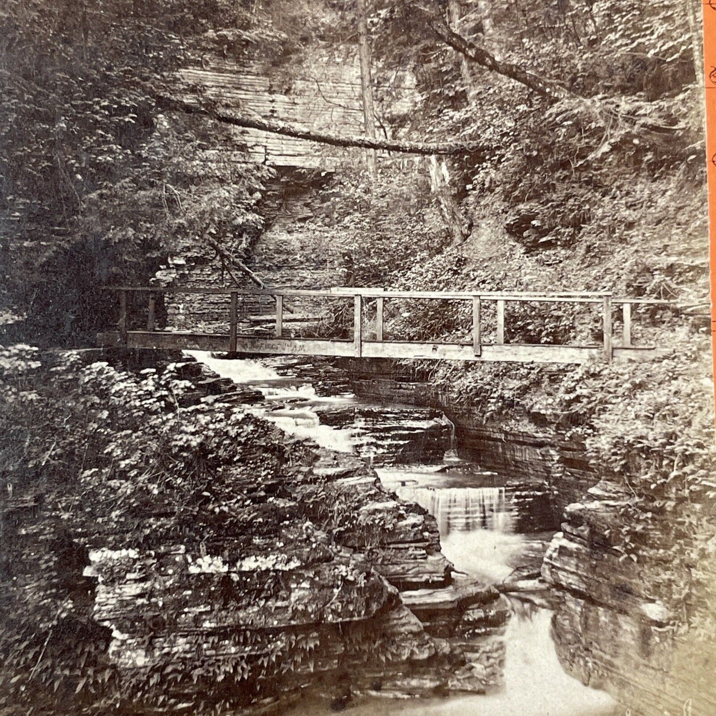 Cascade Bridge Watkins Glen New York Stereoview G.F. Gates Antique c1869 Y2832