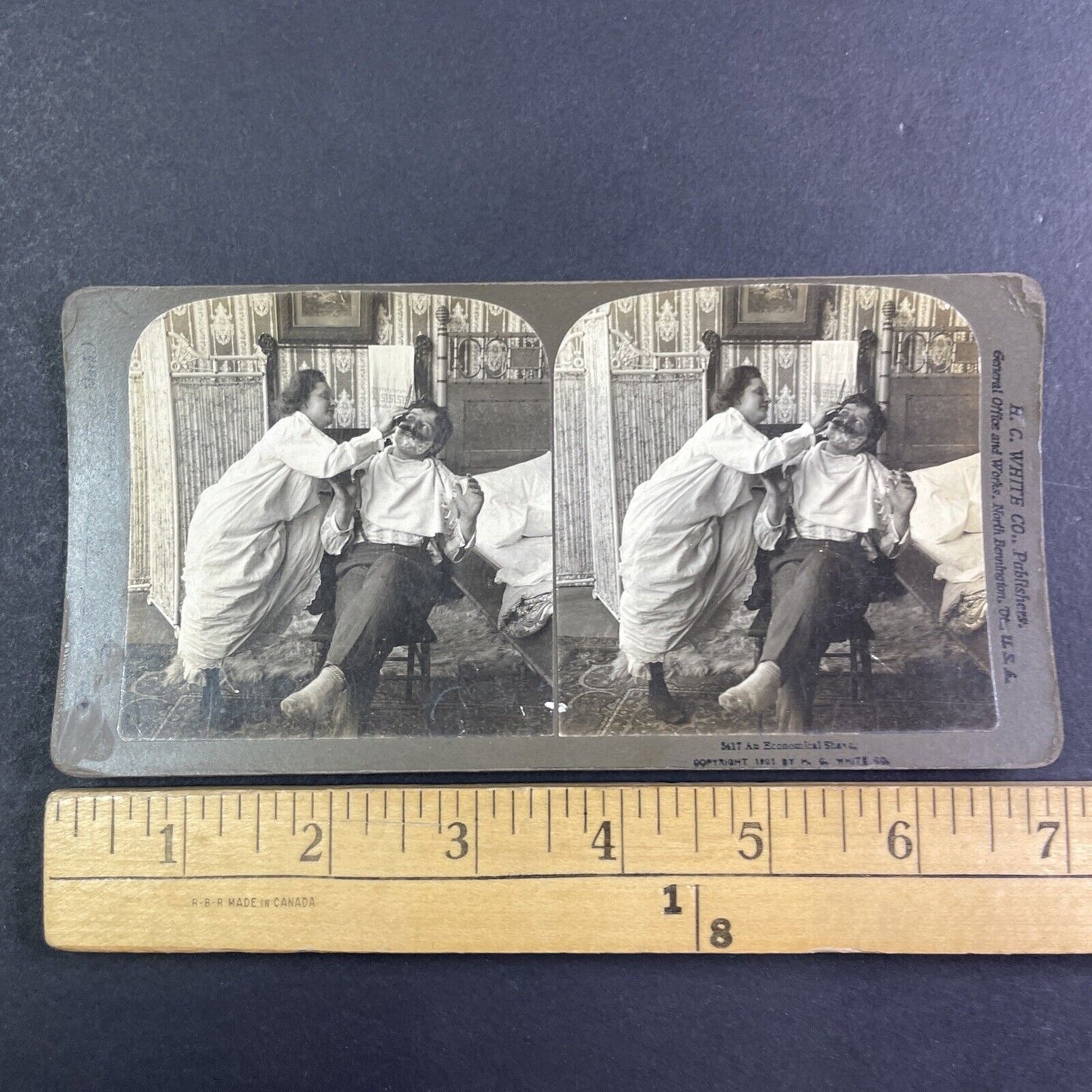 Woman Shaves her Husband's Beard Stereoview H.C. White Antique c1901 Y1246