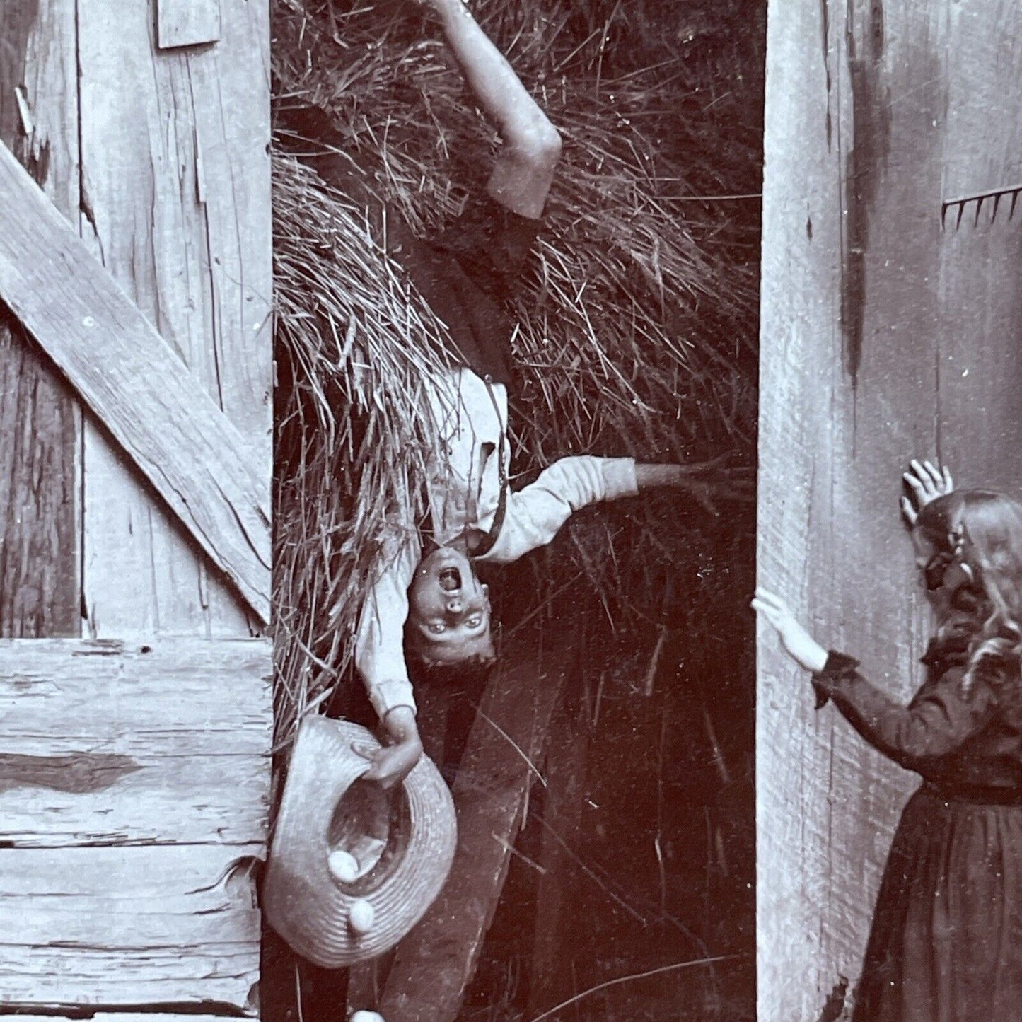 Antique 1900 Boy Falls Out Of Hay Loft Stereoview Photo Card P2839