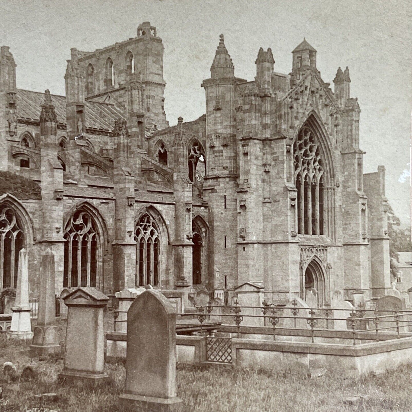 Antique 1891 Melrose Abbey Church Graveyard Scotland Stereoview Photo Card P5091