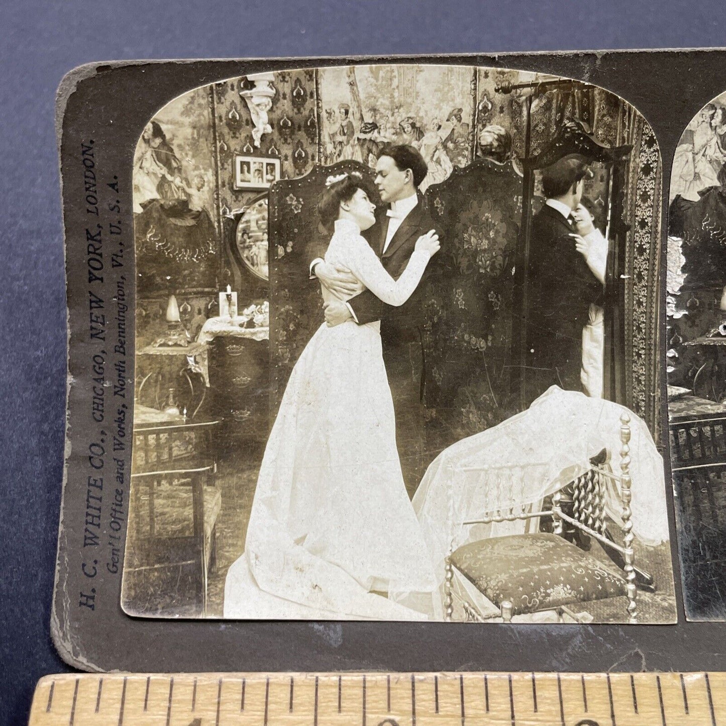Antique 1902 Newlyweds Prepare To Consummate Stereoview Photo Card P2660