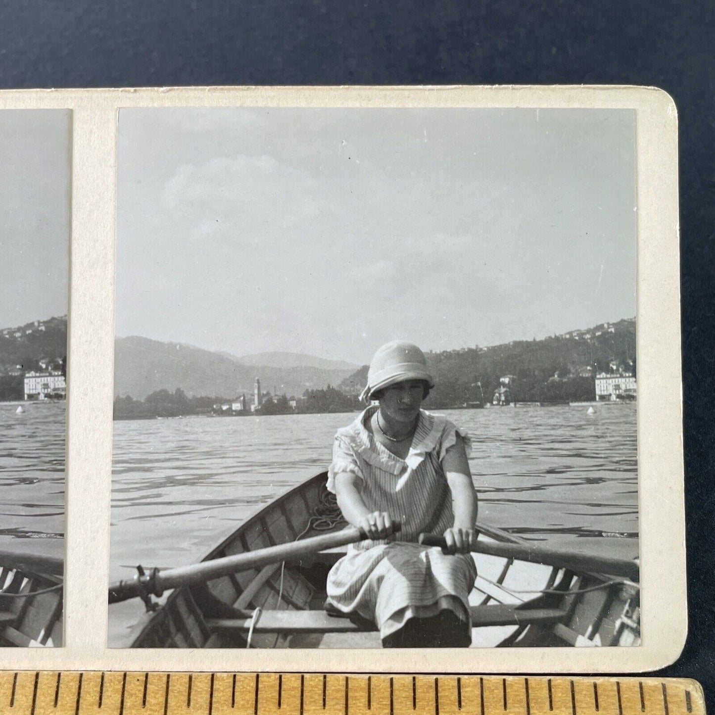 Antique 1925 Wealthy American Woman Row Boat OOAK Stereoview Photo Card P3231