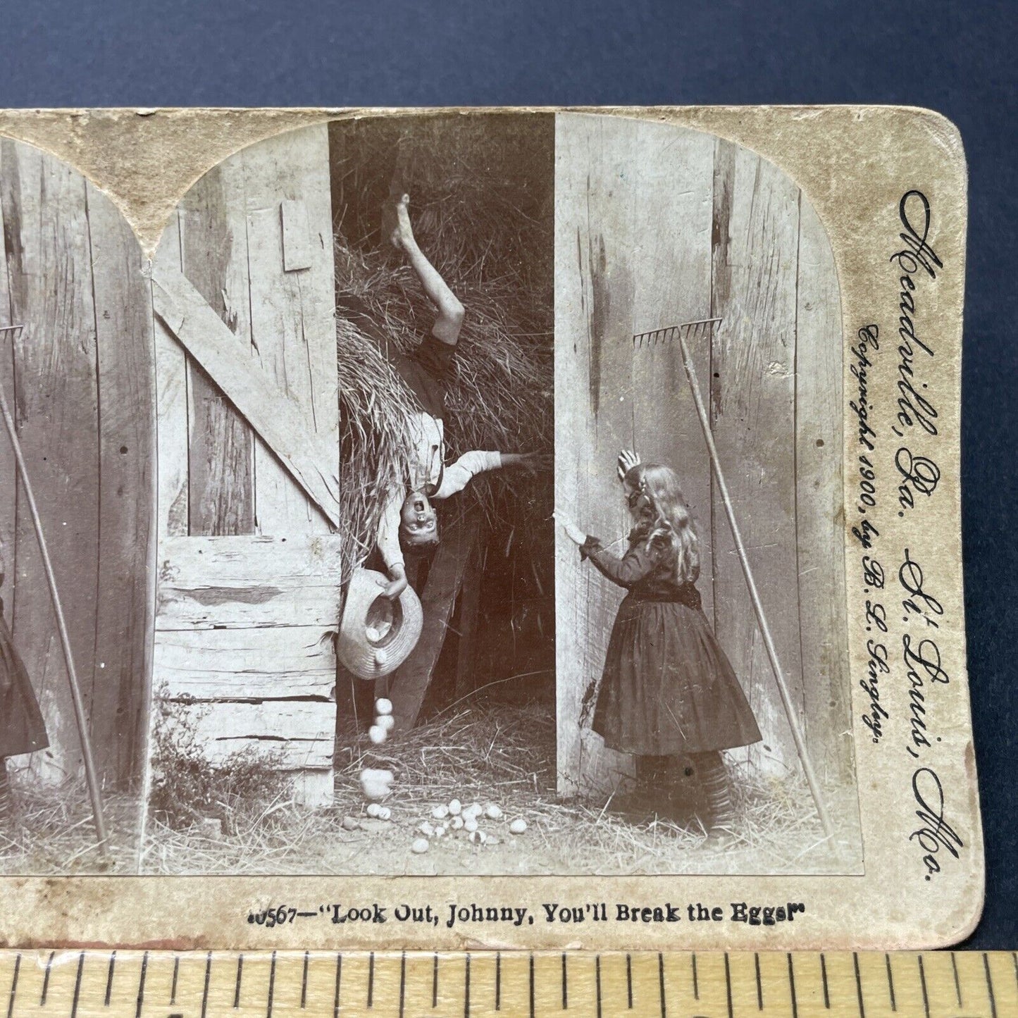 Antique 1900 Boy Falls From Hay Loft In Barn Stereoview Photo Card P2717