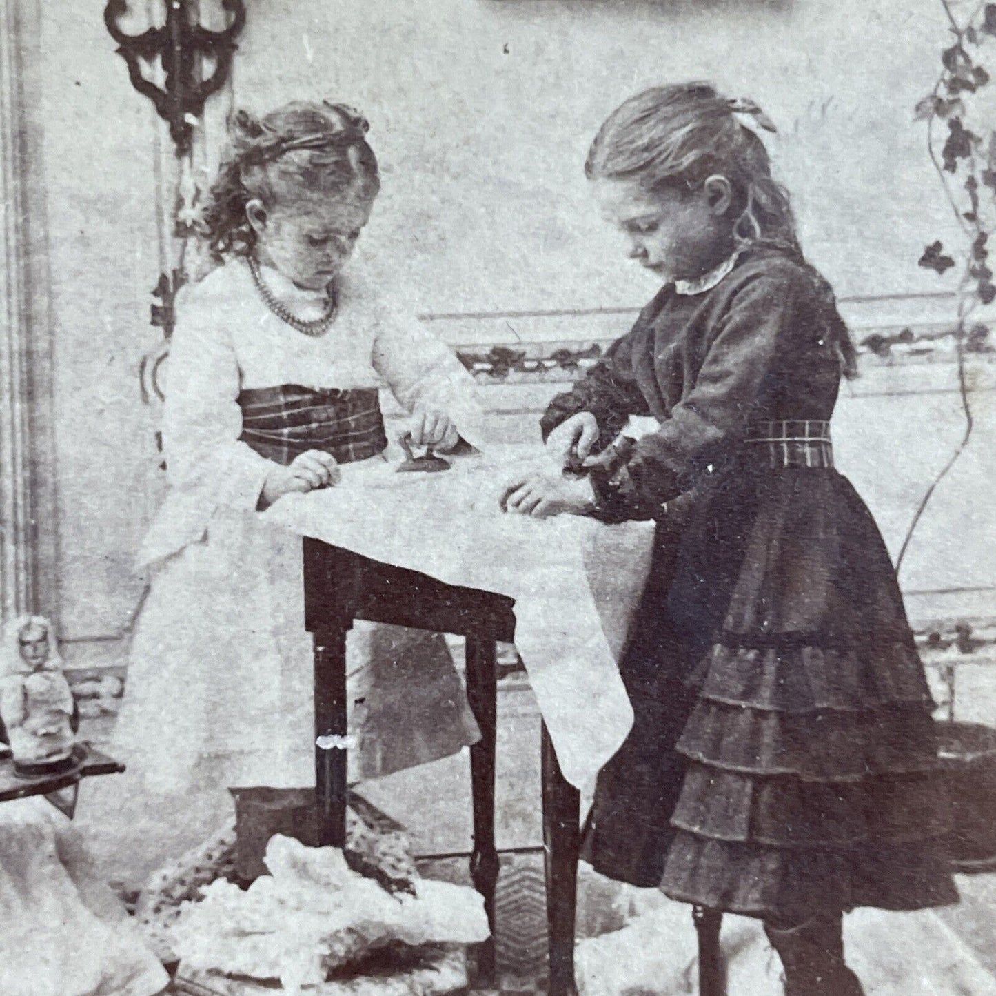 Antique 1870s Wealthy Children Ironing Doll Clothes Stereoview Photo Card P4627