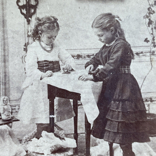 Antique 1870s Wealthy Children Ironing Doll Clothes Stereoview Photo Card P4627