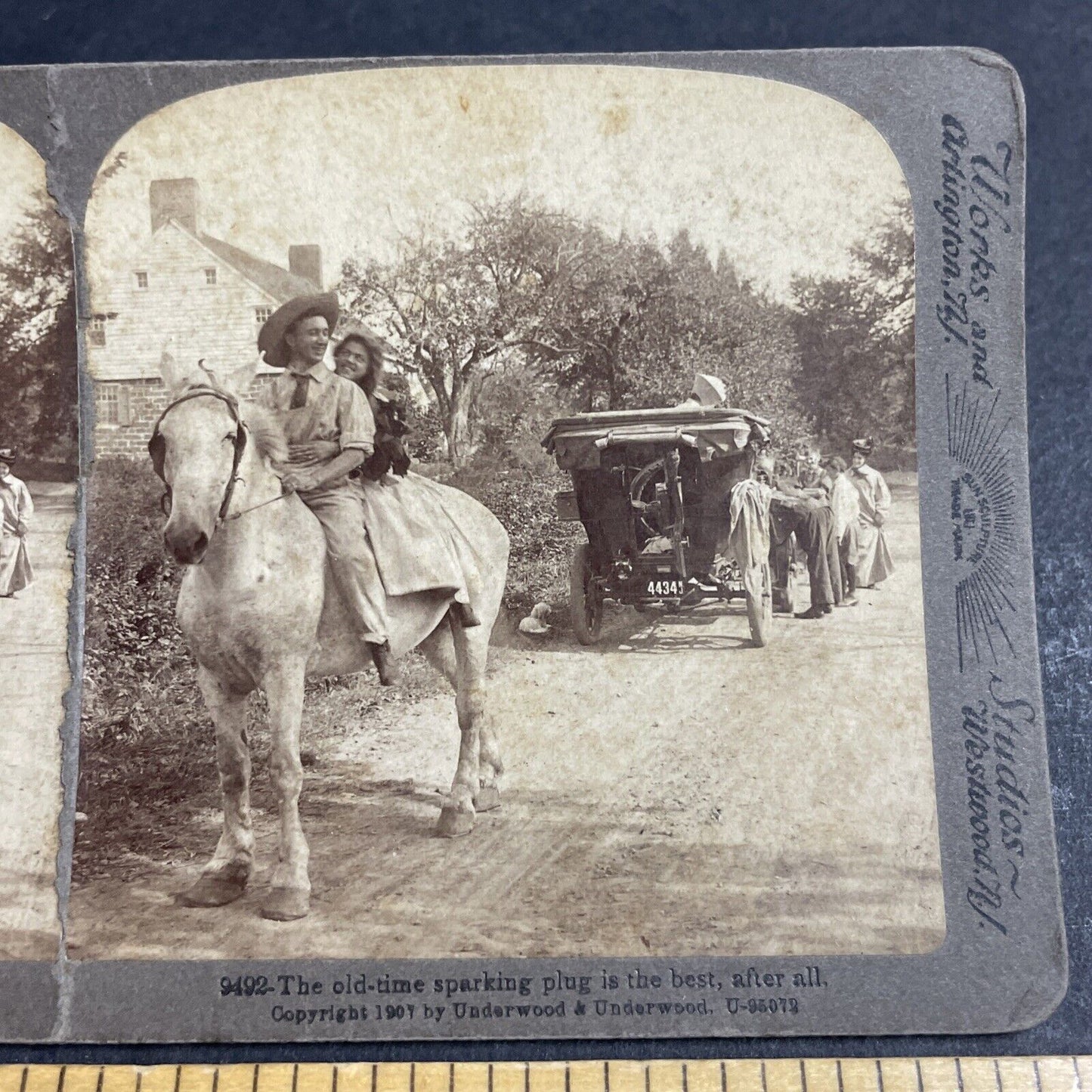 Antique 1907 Cowboy Helps Woman After Car Accident Stereoview Photo Card P4666