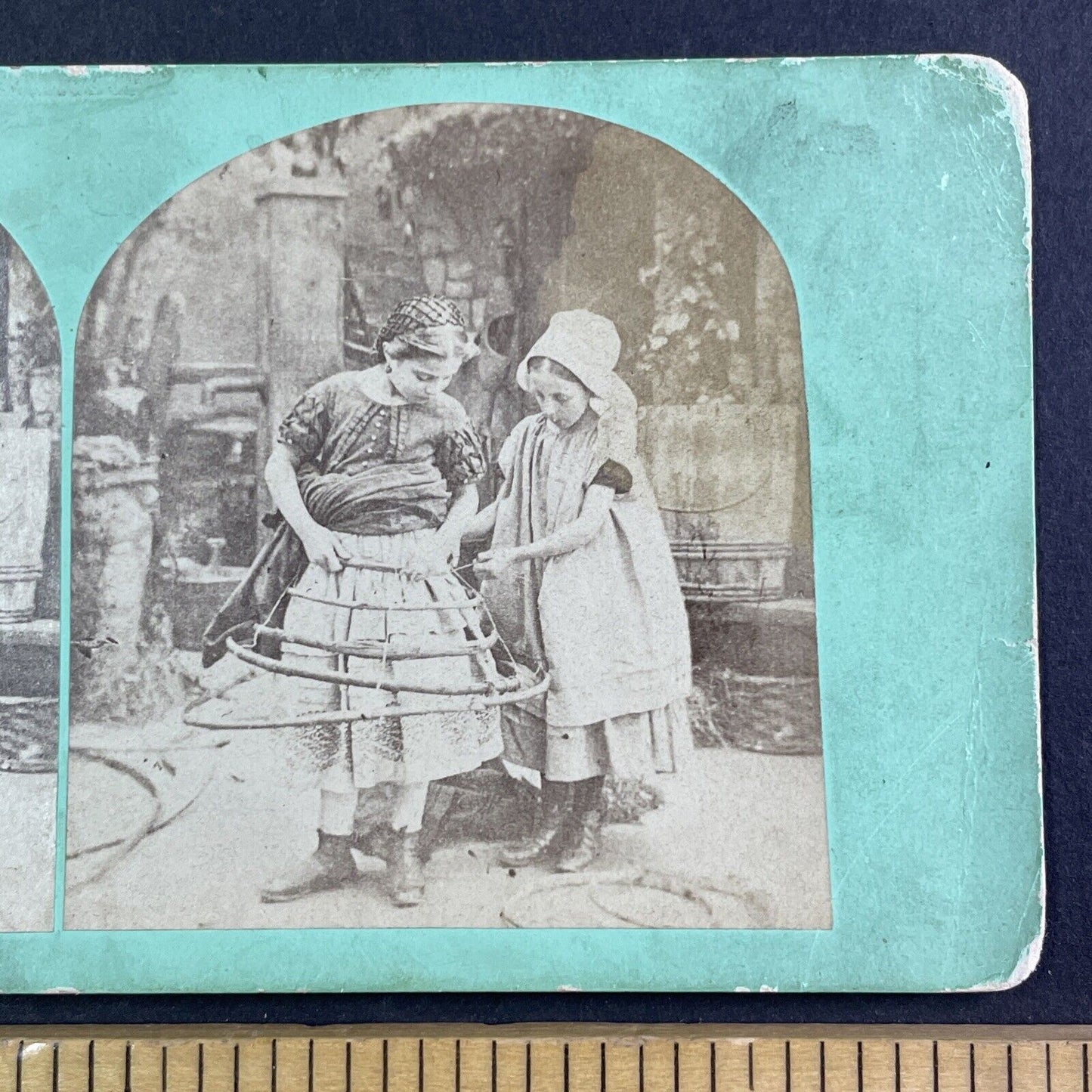 Girls Repair A Dress Crinoline Stereoview London England Antique c1855 X3658