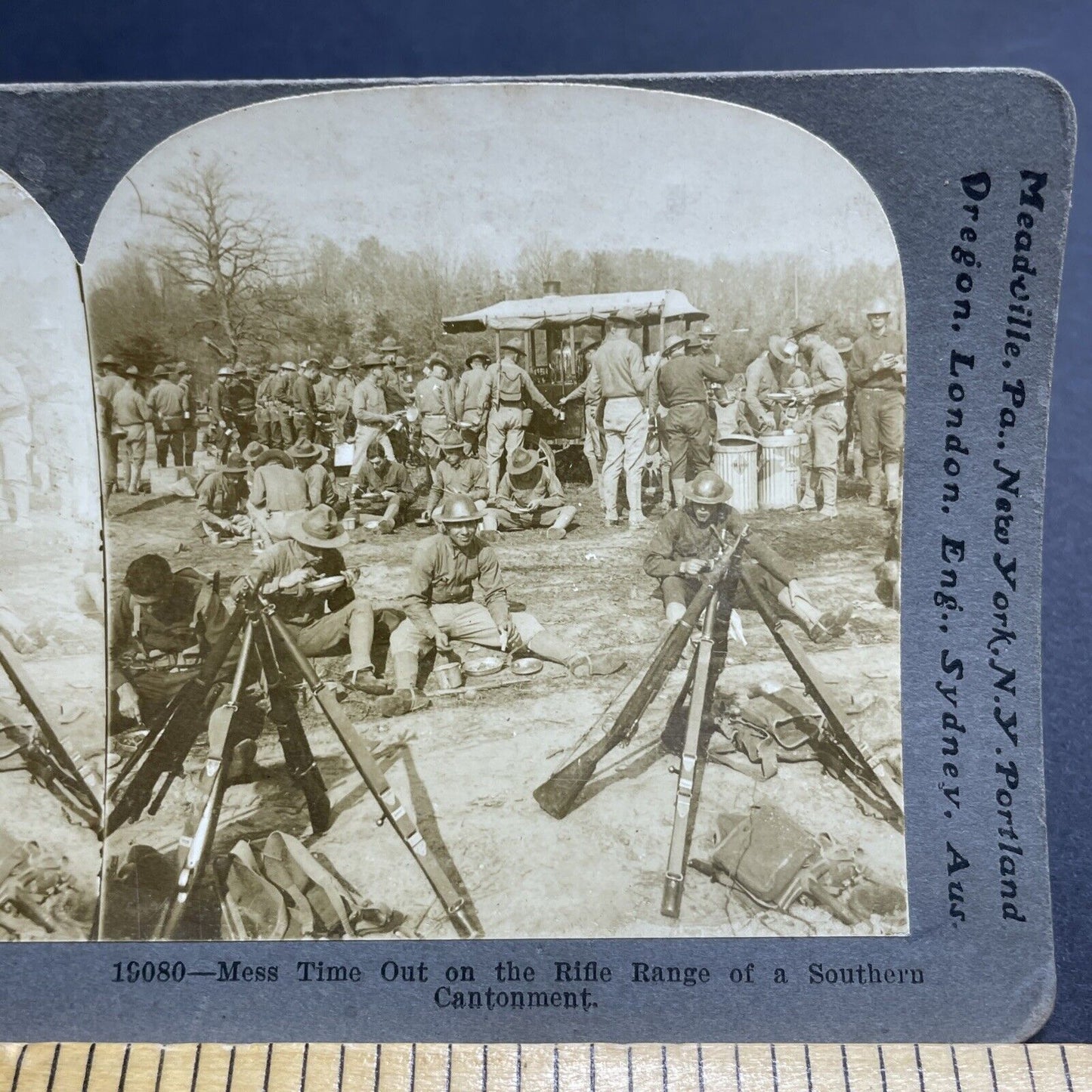 Antique 1918 US Soldiers Lining Up For Lunch Mess Stereoview Photo Card P2025