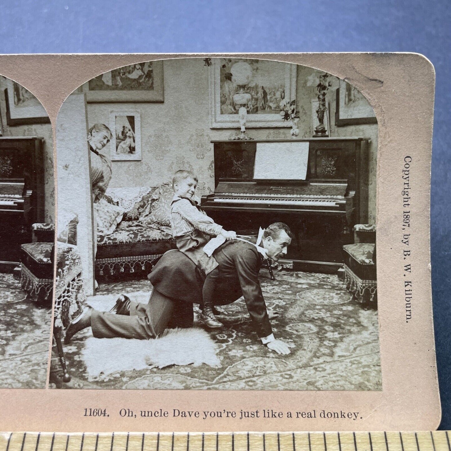 Antique 1897 Child Horsey Ride On Uncle Stereoview Photo Card P2429