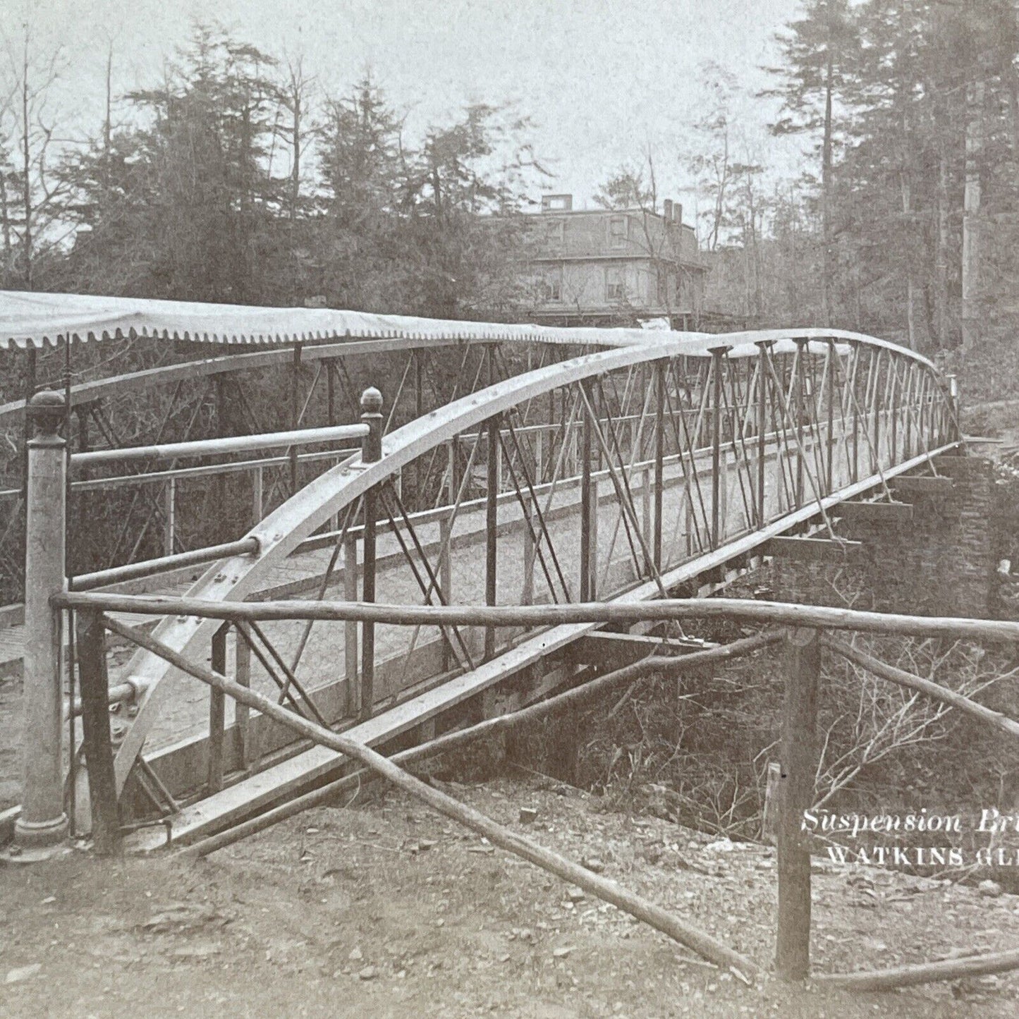 First Suspension Bridge Watkins Glen New York Stereoview R.D. Crum c1870 Y1203