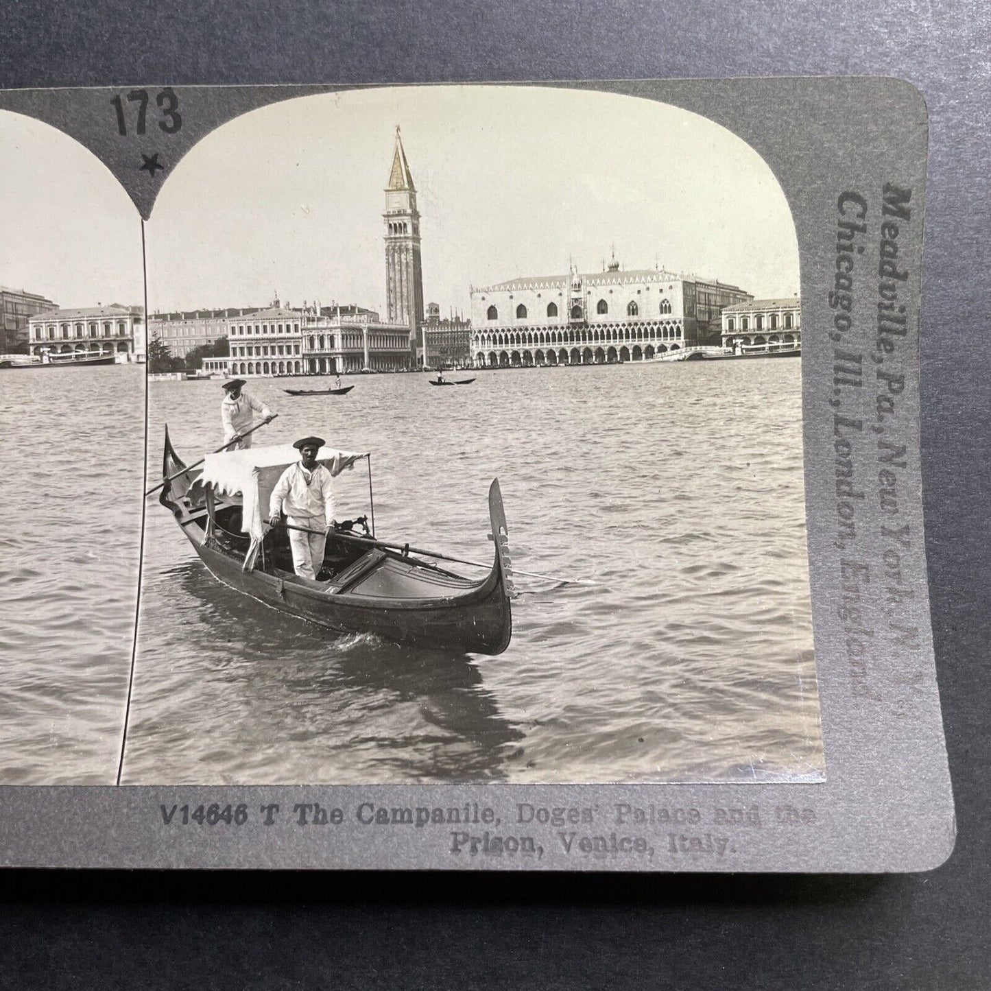 Antique 1909 Gondola In Venice Near Prison Italy Stereoview Photo Card P1417