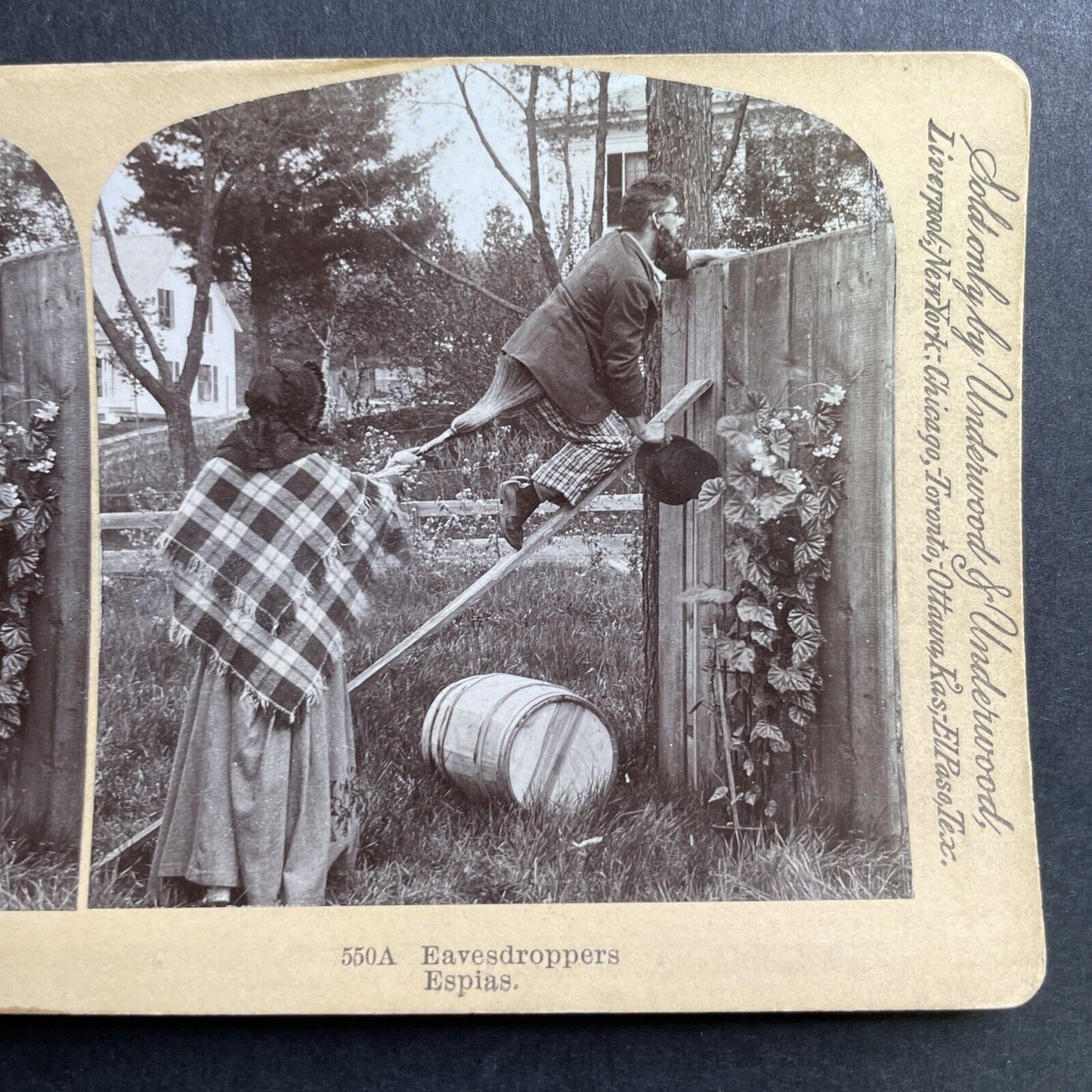 Antique 1891 Husband And Wife Spy On Neighbors Stereoview Photo Card P1647