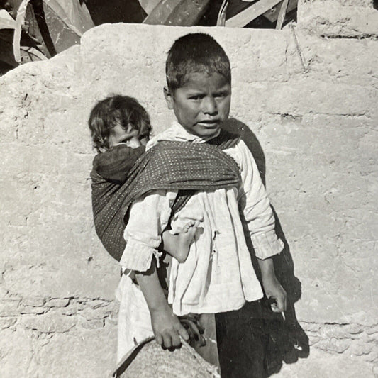 Antique 1910s Native Mexico Toddler Carrying A Baby Stereoview Photo Card P4447