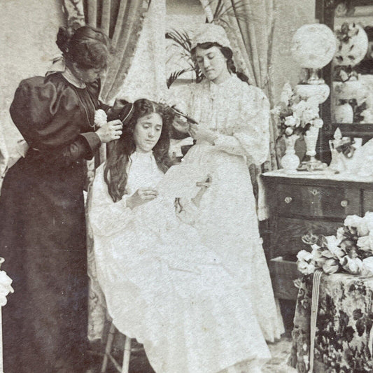 Antique 1897 Maid Servants Dress A Brides Hair Stereoview Photo Card P2950