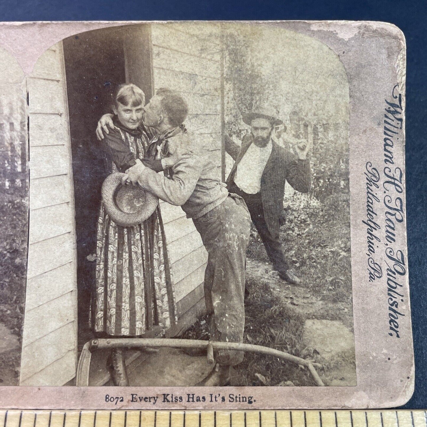 Antique 1892 Man Beats Friend For Kissing Wife Stereoview Photo Card P3353