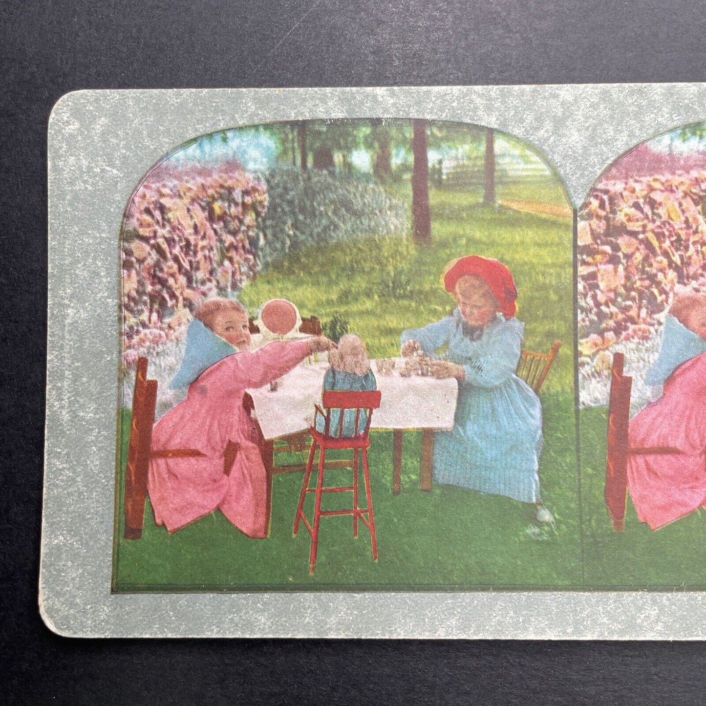 Antique 1898 Children Having A Tea Party With Toys Stereoview Photo Card P1216