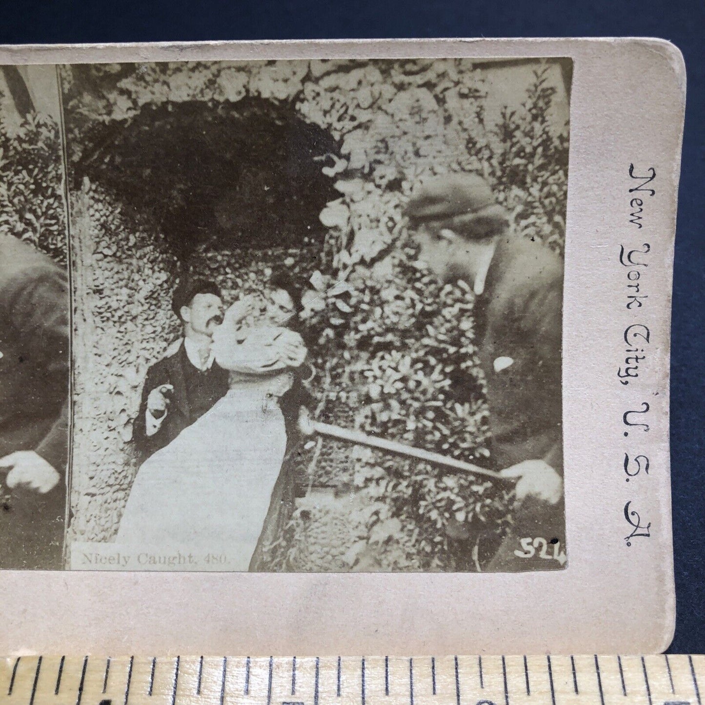 Antique 1894 NY Man To Be Beaten For Kissing Girl Stereoview Photo Card P1965