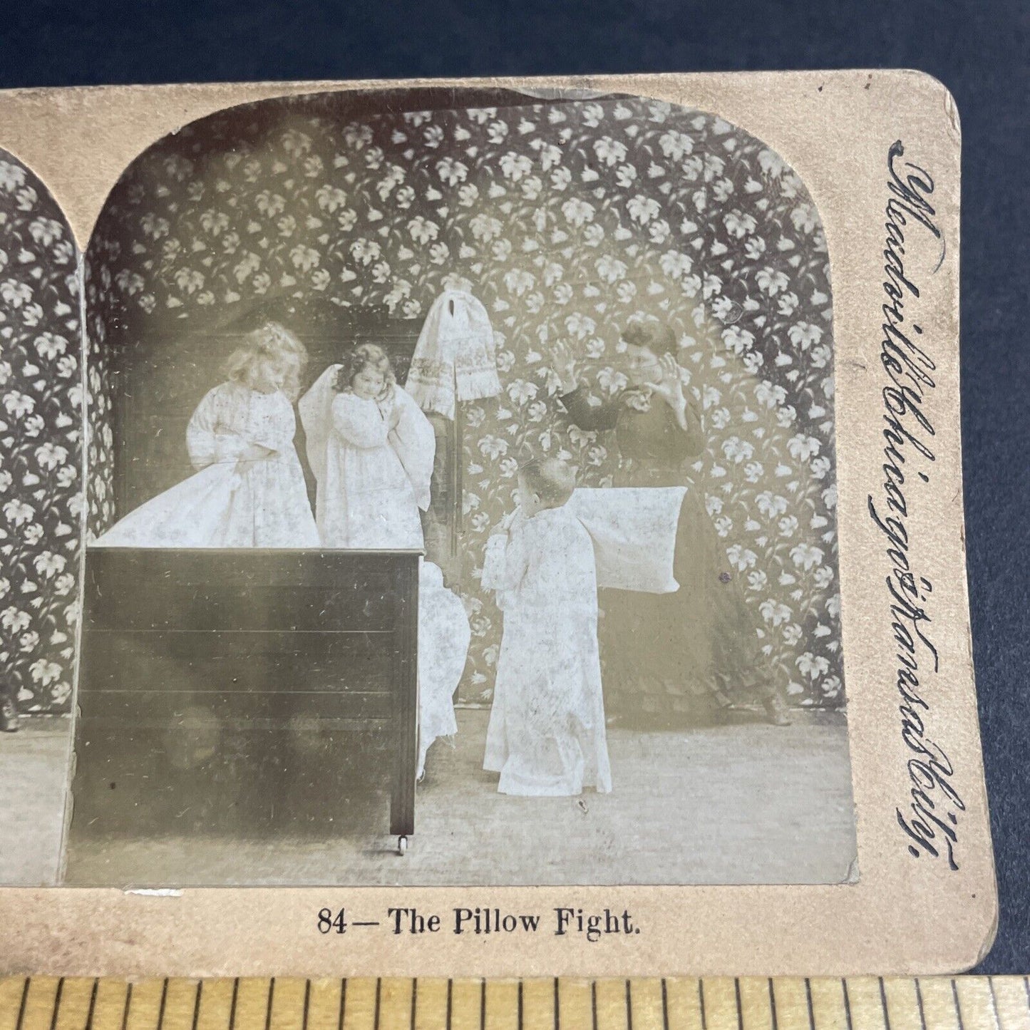 Antique 1892 Children Have Pillow Fight In Bed Stereoview Photo Card P4814