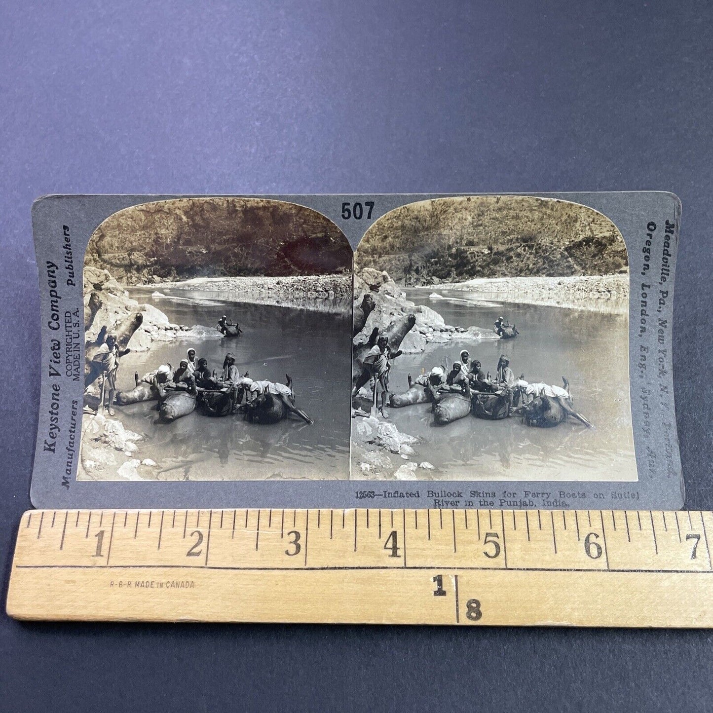 Antique 1910s Men Using Dead Cows As Boats India Stereoview Photo Card P3747