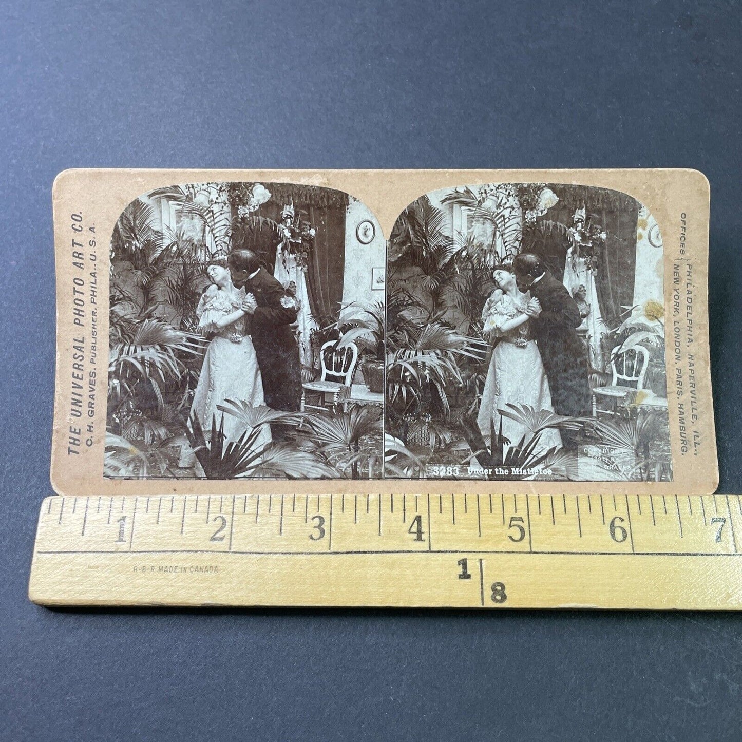 Antique 1897 Man Kisses Woman Under Mistletoe Stereoview Photo Card P2976