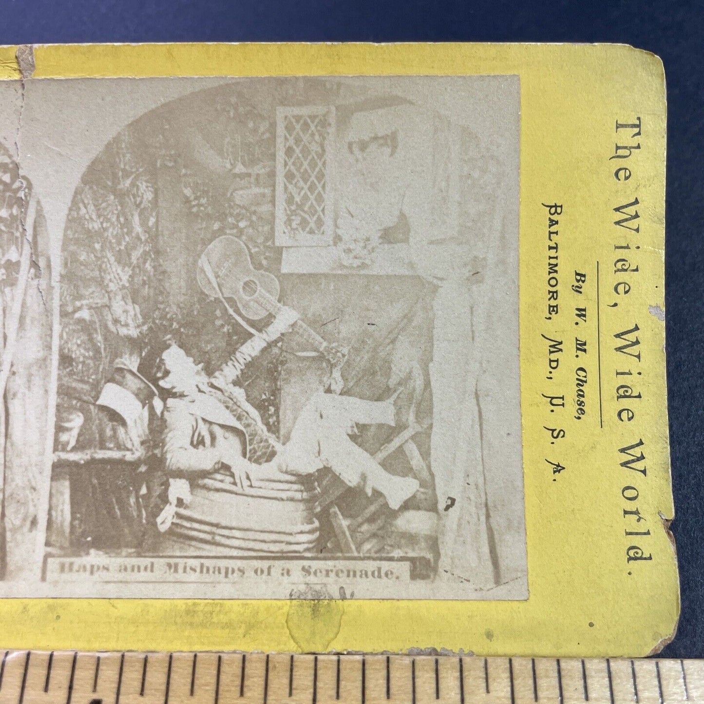 Antique 1870s Man Falls In Pail During Serenade Stereoview Photo Card P3443