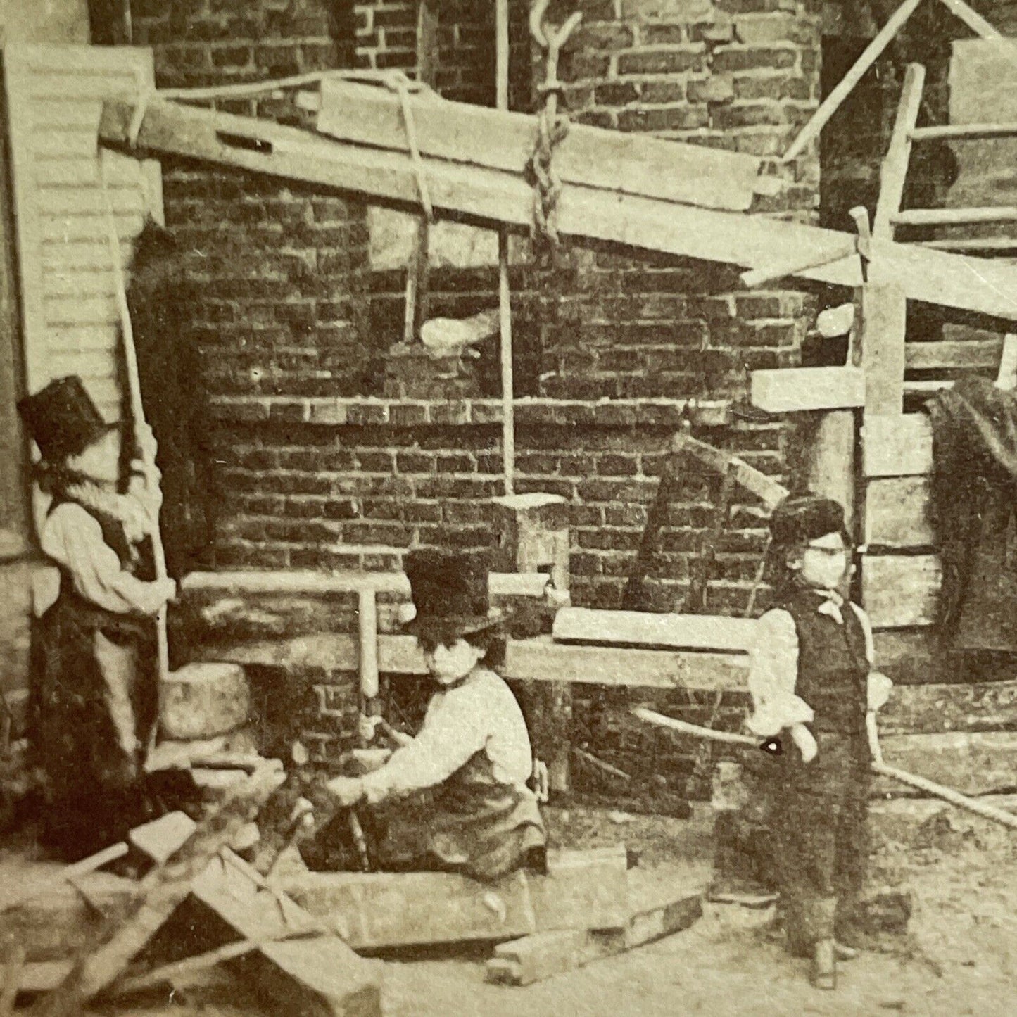 Antique 1860s Child Labor Roof Construction England Stereoview Photo Card P2090