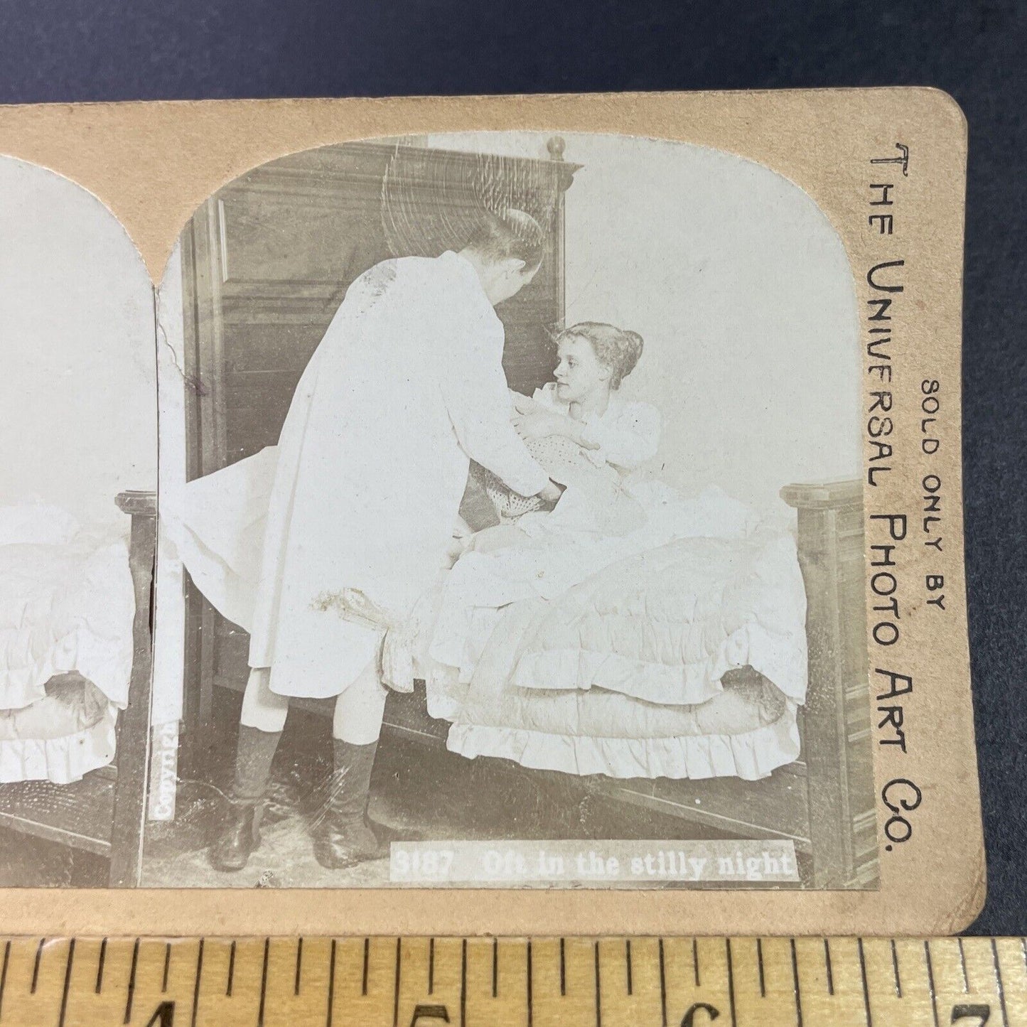 Antique 1880s Baby Wakes Parents In Middle Of Night Stereoview Photo Card P3469