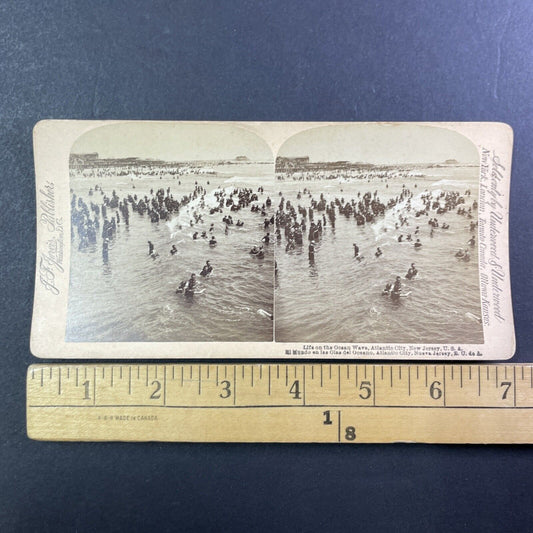 Swimming in the Ocean Stereoview Atlantic City New Jersey Antique c1897 Y522