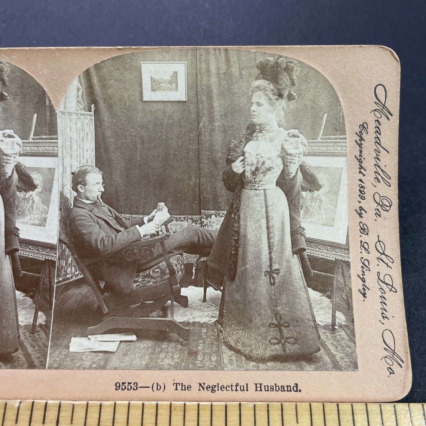 Antique 1899 Rude Man Does Not Remove Womans Coat Stereoview Photo Card P3508