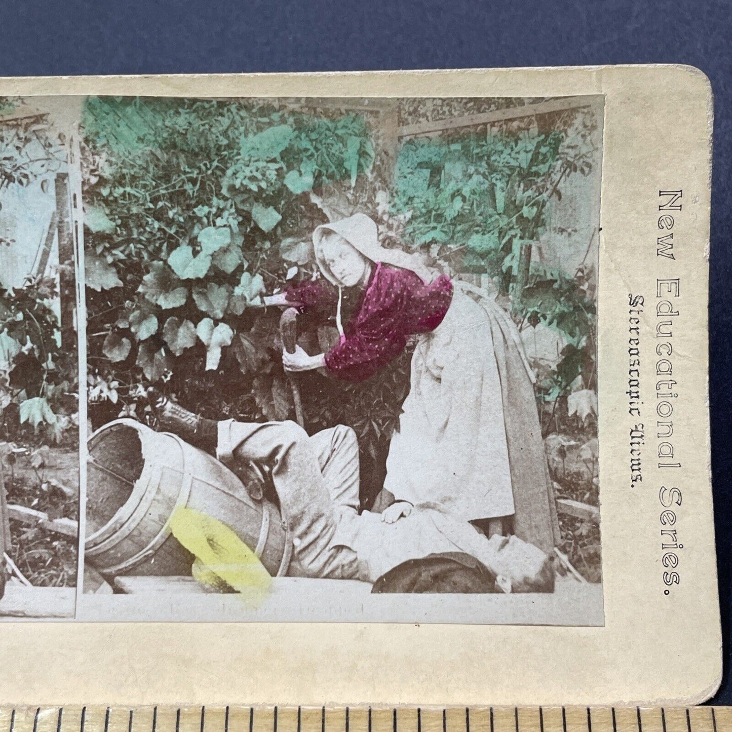 Antique 1880s Woman Finds Drunk Man Passed Out Stereoview Photo Card V3277