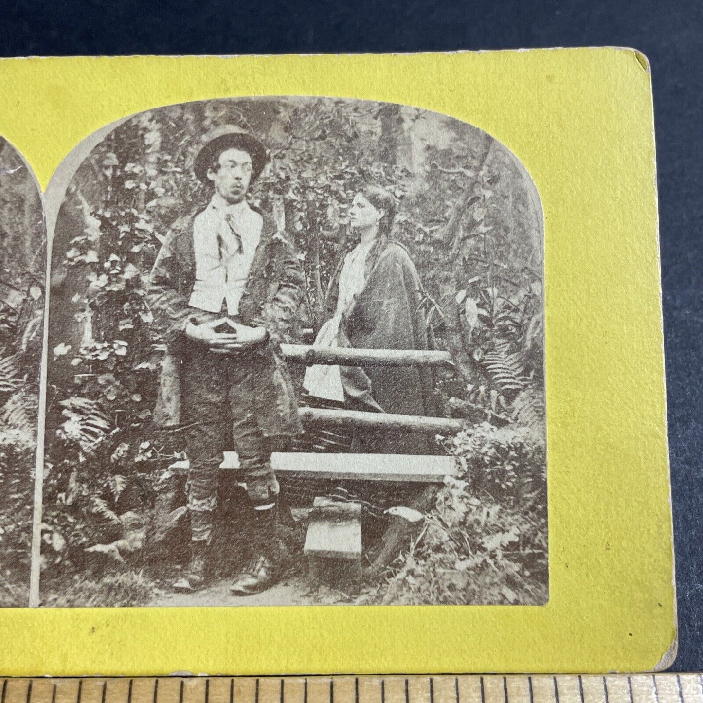 Antique 1870s Man Spies On Woman In Garden Stereoview Photo Card P4704