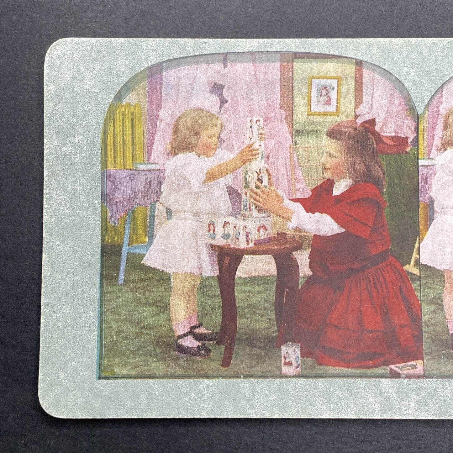 Antique 1905 Children Stack Toy Blocks Stereoview Photo Card P580-017