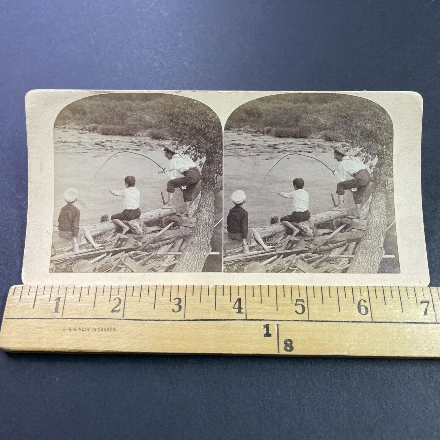 Antique 1880s Boys With Fishing Pole US South Stereoview Photo Card P3967