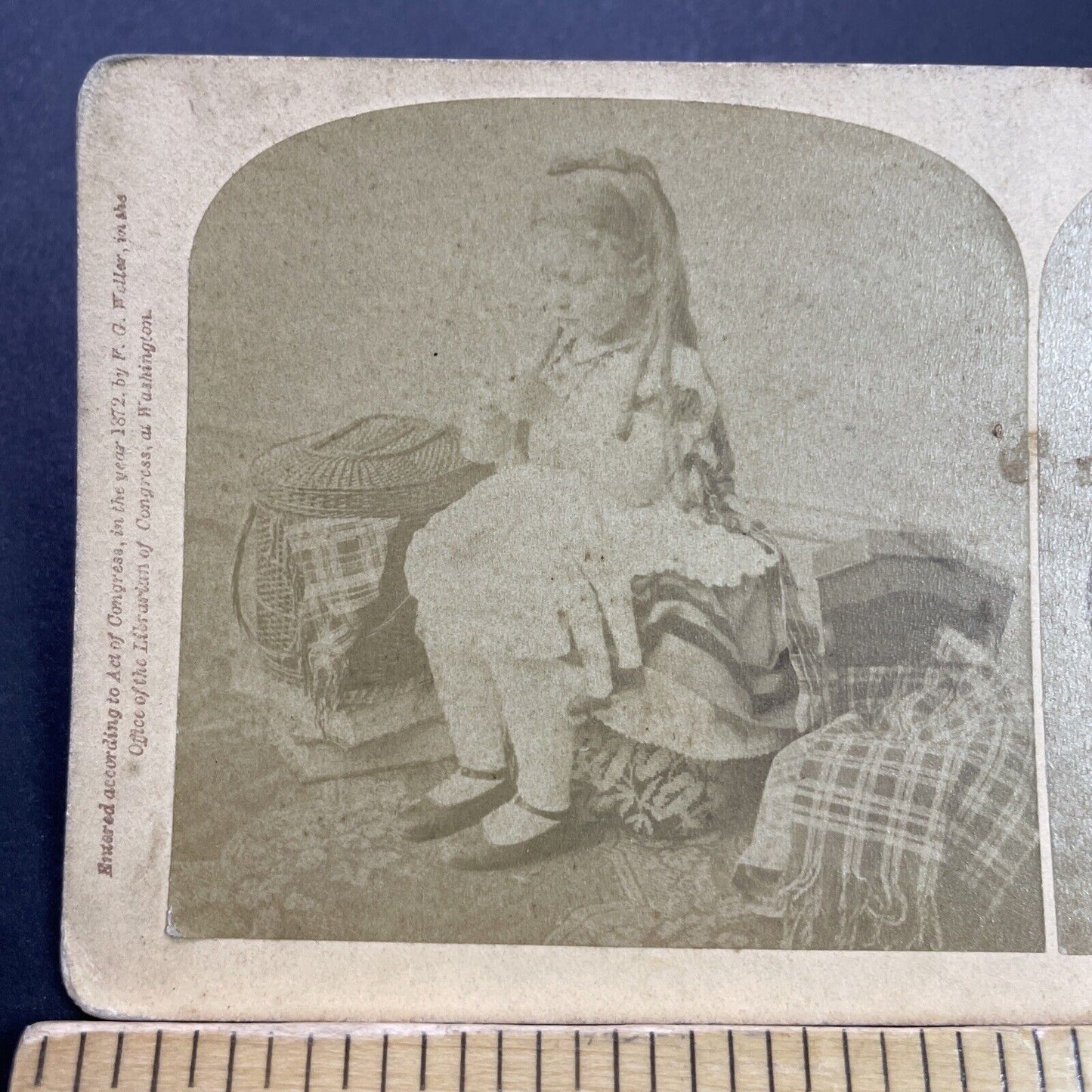 Antique 1872 Little Girl Sewing Her Dolls Clothes Stereoview Photo Card P3531
