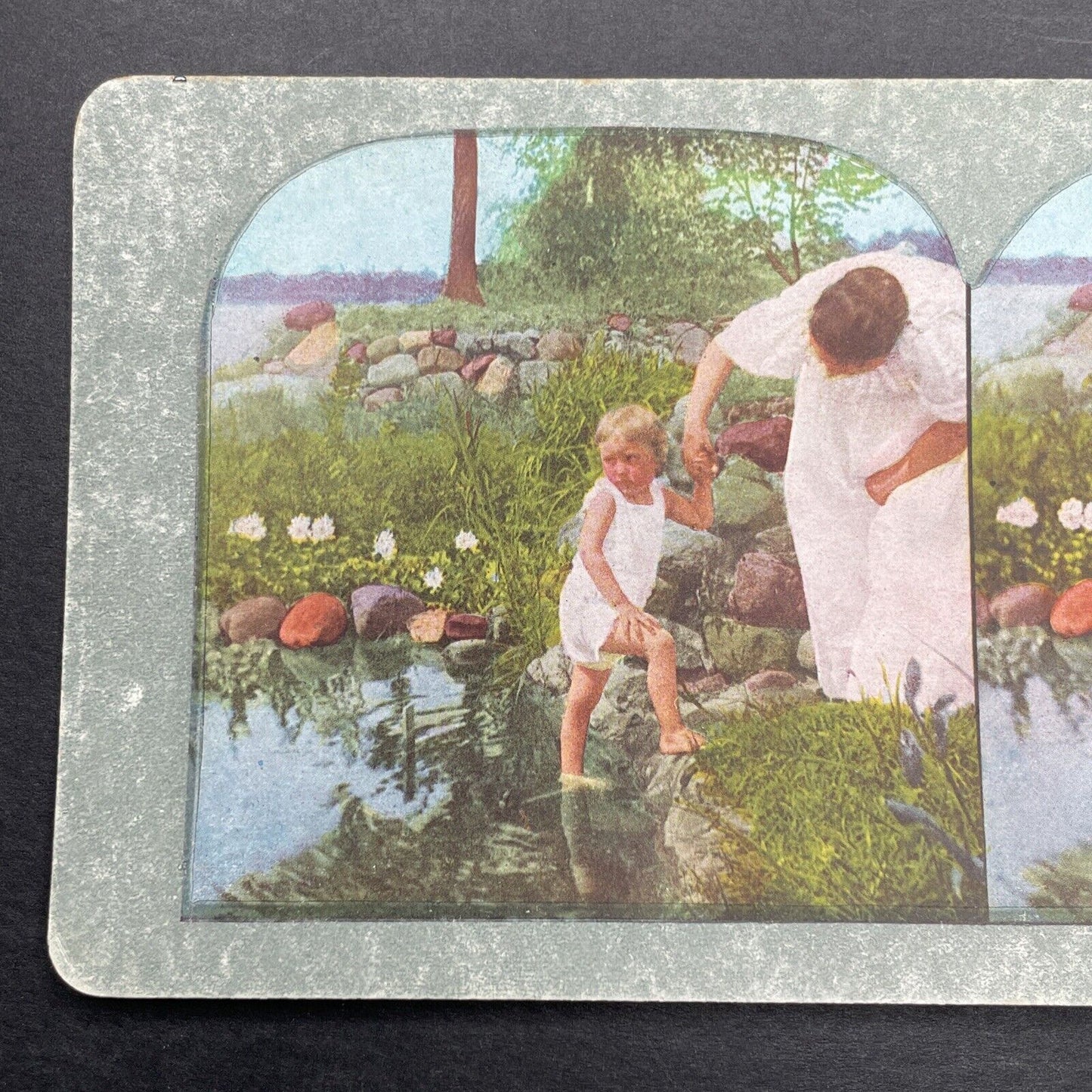 Antique 1898 Child Playing In A Frog Pond Stereoview Photo Card P580-002