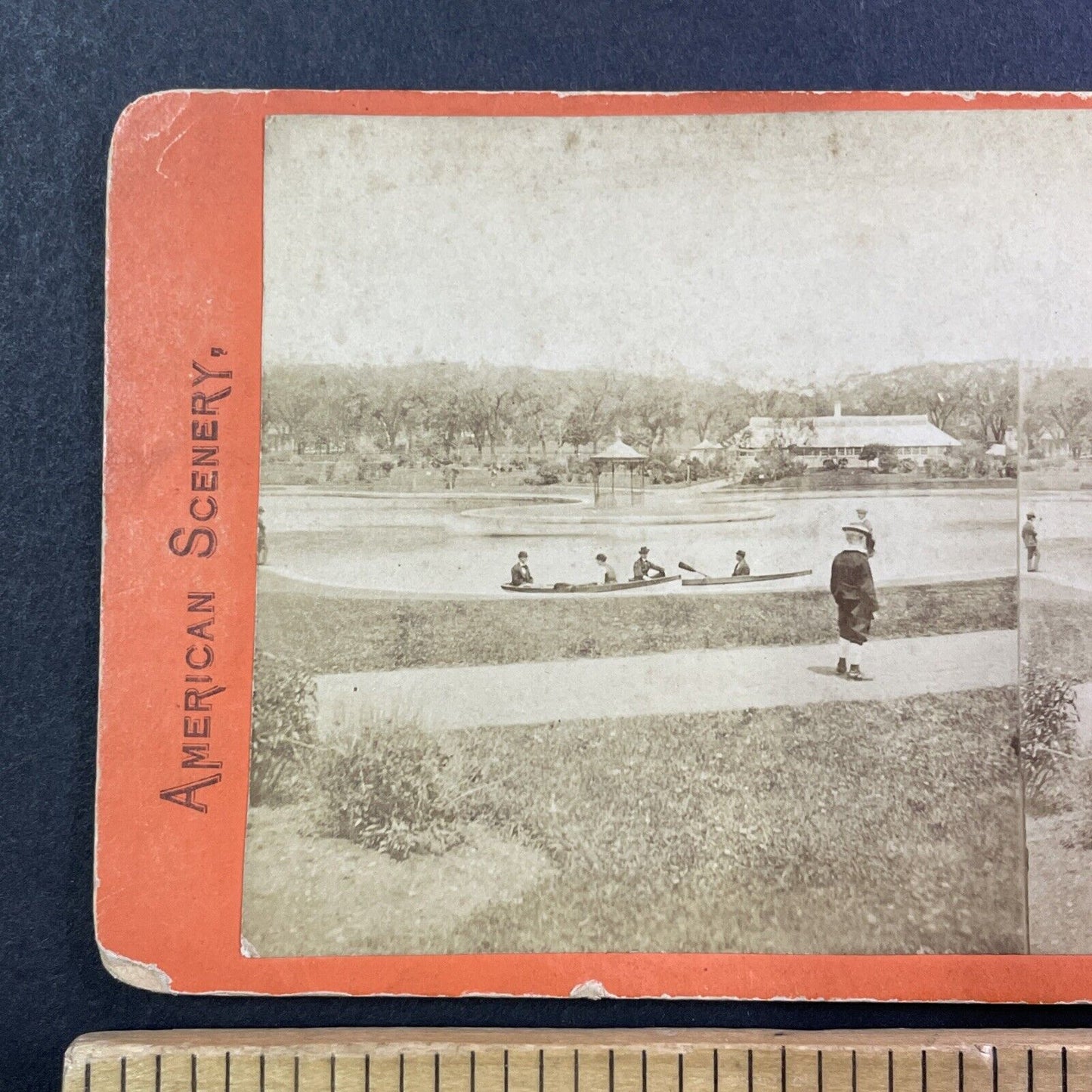 Boston Public Garden Lake And Rowing Stereoview Antique c1869 X2419