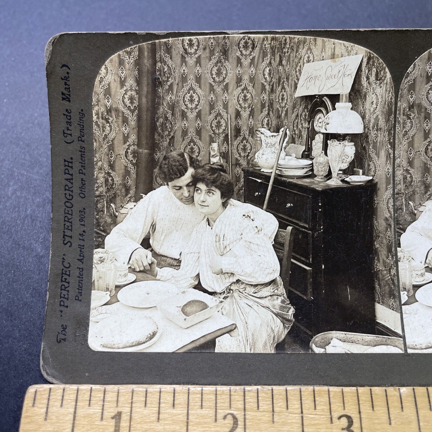 Antique 1903 Happy Couple Snuggle At Dinner Time Stereoview Photo Card P2703