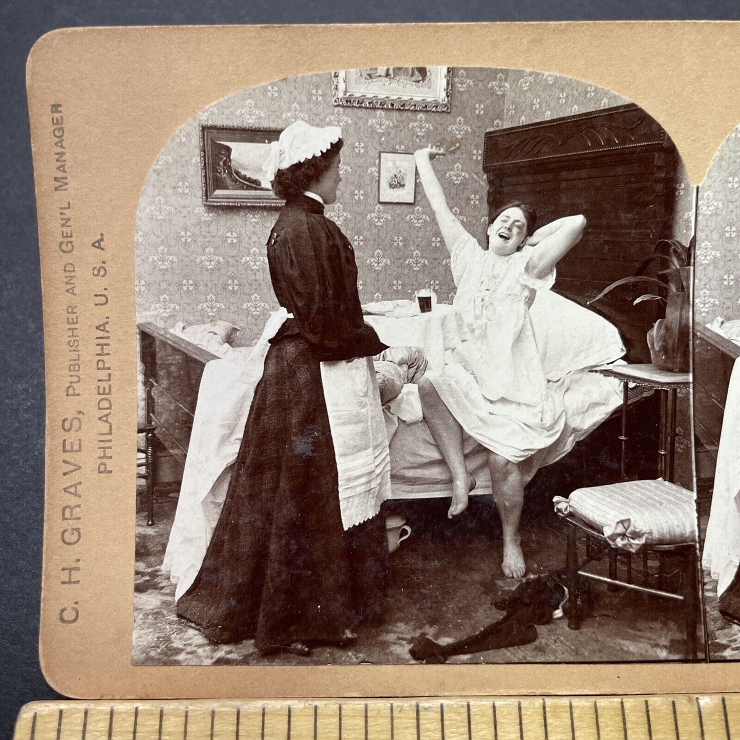 Antique 1897 Woman Waking Up To Breakfast In Bed Stereoview Photo Card P3472