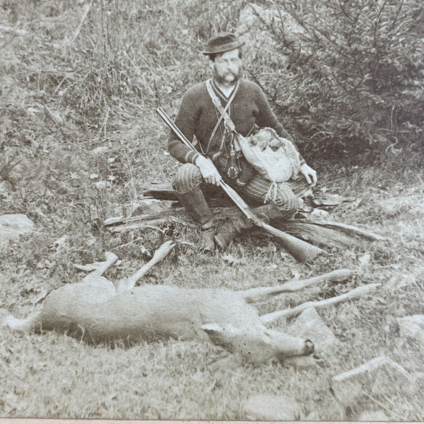 Antique 1880s New Hampshire Hunter Kills Deer Stereoview Photo Card P3514