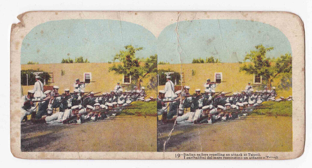 Antique 1911 Italian Soldiers Shooting @ Turkish Troops Tripoli Stereo Card P175